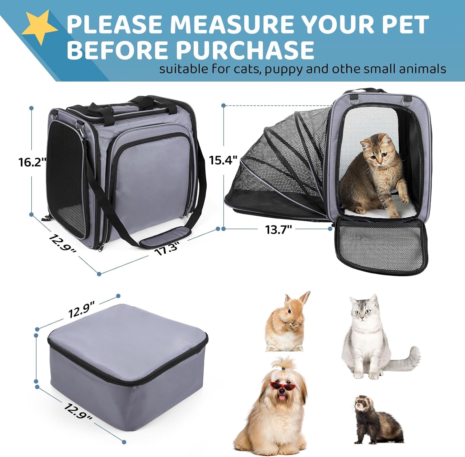 Cat Travel Carrier with Litter Box, Expandable Cat Carrier for Car Travel, Soft Sided Pet Carrier for Cats/Puppies up to 20Lbs, Grey