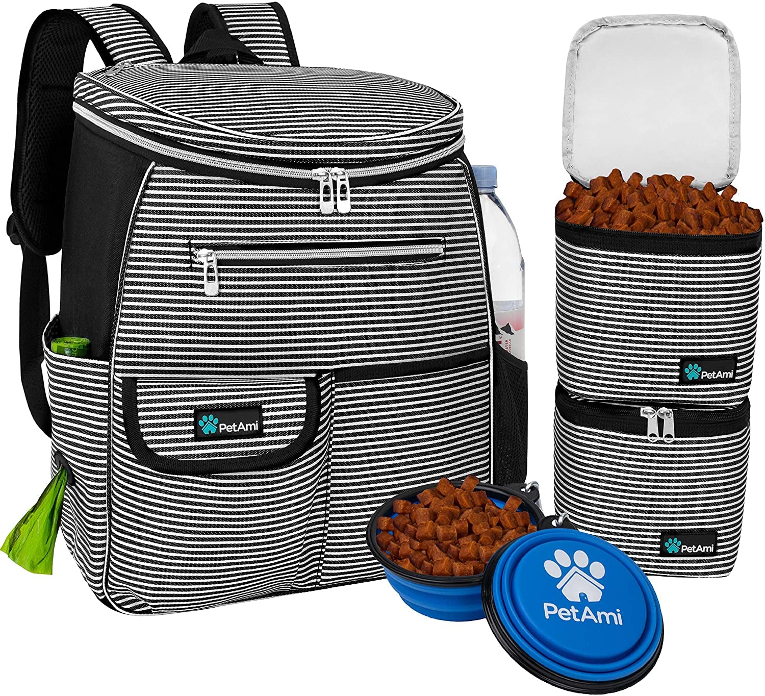 Travel Bag Backpack for Dogs, Airline Approved, Puppy Diaper Supplies, Pet Camping Essentials, Hiking Accessories, Food Container, Collapsible Bowls, Stripe Black