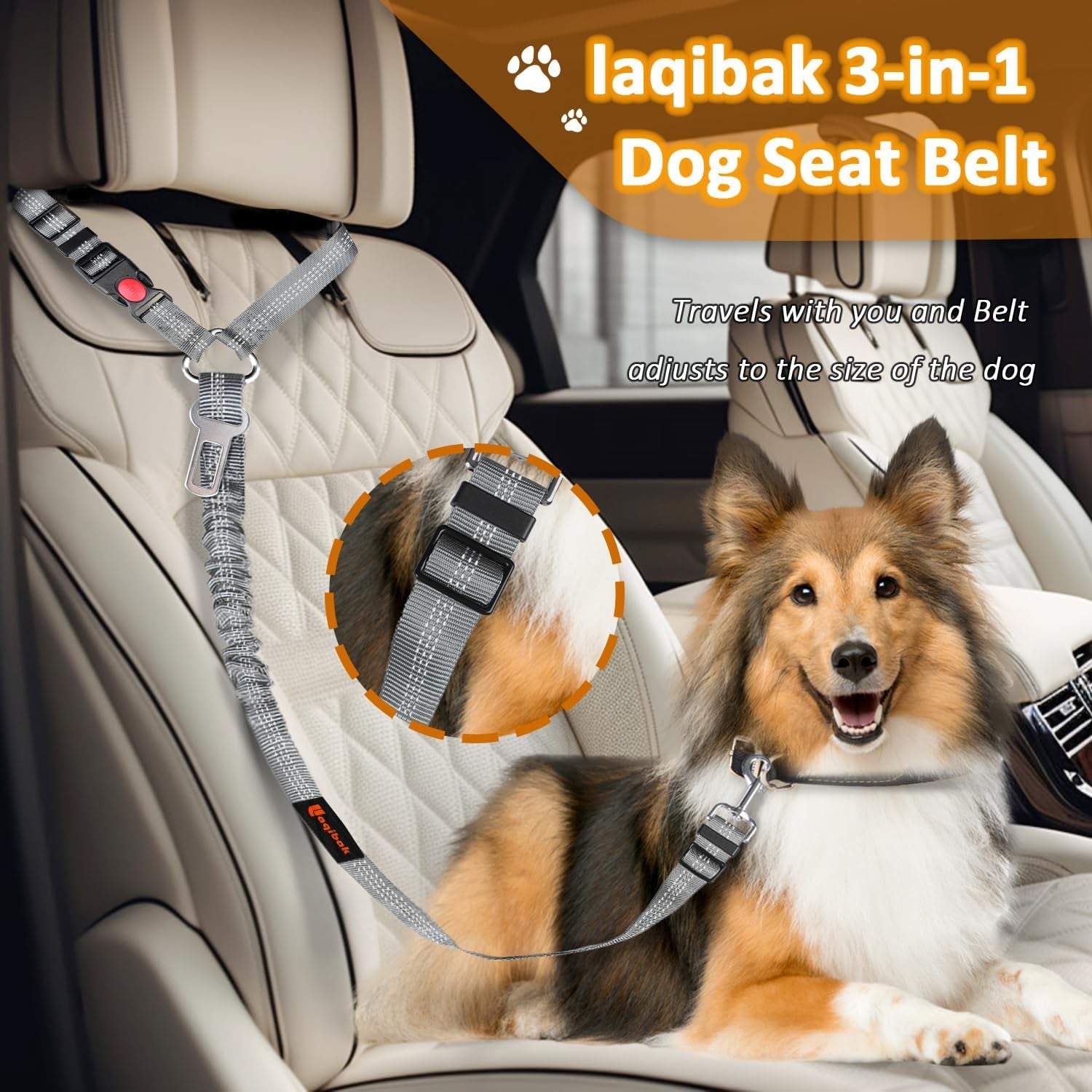 Removable Dog Seat Belt Harness for Car, 3 in 1 Pet Dog Car Seatbelt Leash, Retractable Restraint Secures to Vehicle Headrest & Adjustable Reflective Bungee Dog Seatbelt Tether, Grey