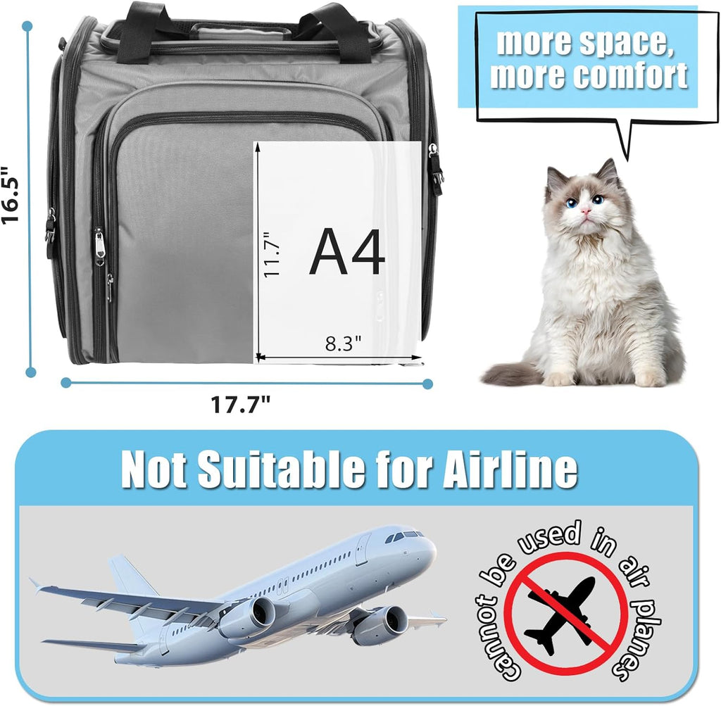 Cat Travel Carrier with Litter Box, Expandable Cat Carrier for Car Travel, Soft Sided Pet Carrier for Cats/Puppies up to 20Lbs, Grey
