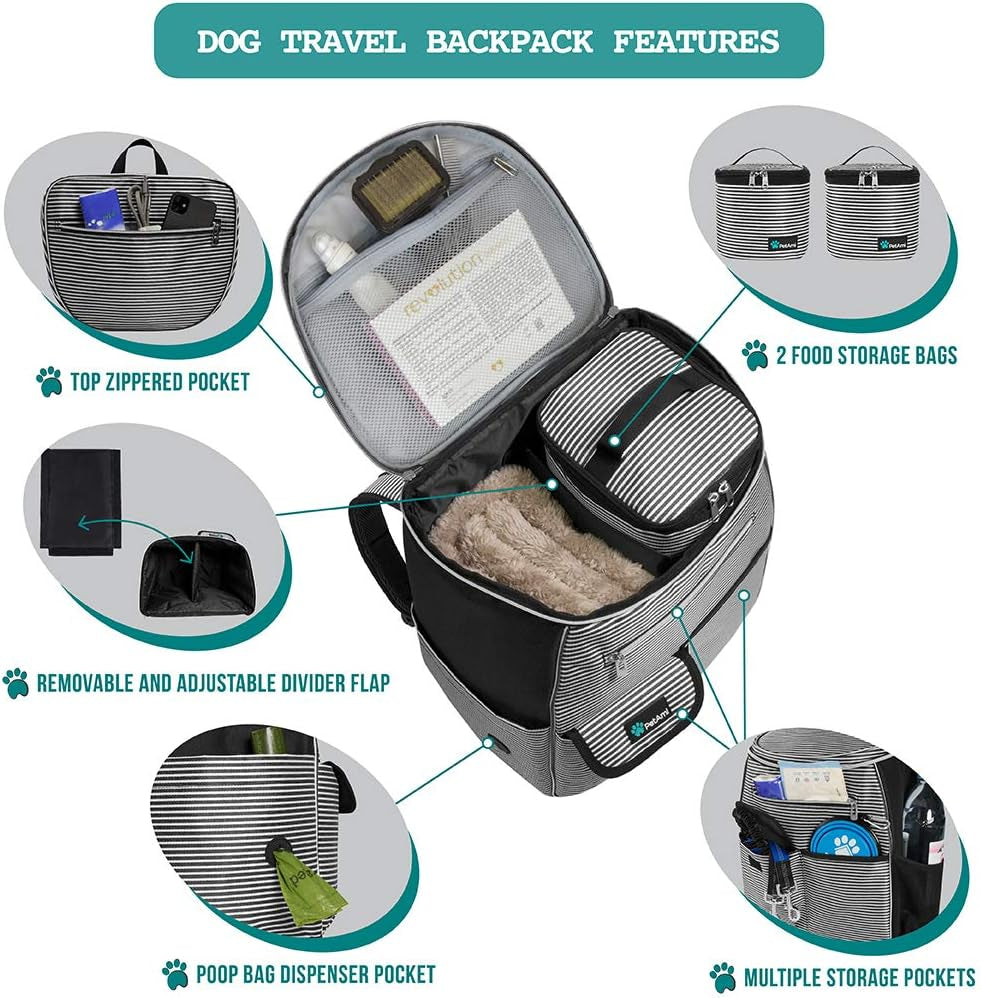 Travel Bag Backpack for Dogs, Airline Approved, Puppy Diaper Supplies, Pet Camping Essentials, Hiking Accessories, Food Container, Collapsible Bowls, Stripe Black