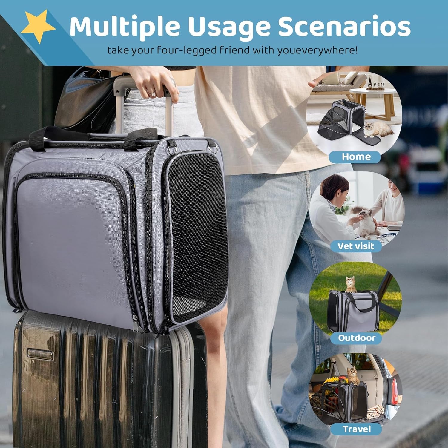 Cat Travel Carrier with Litter Box, Expandable Cat Carrier for Car Travel, Soft Sided Pet Carrier for Cats/Puppies up to 20Lbs, Grey