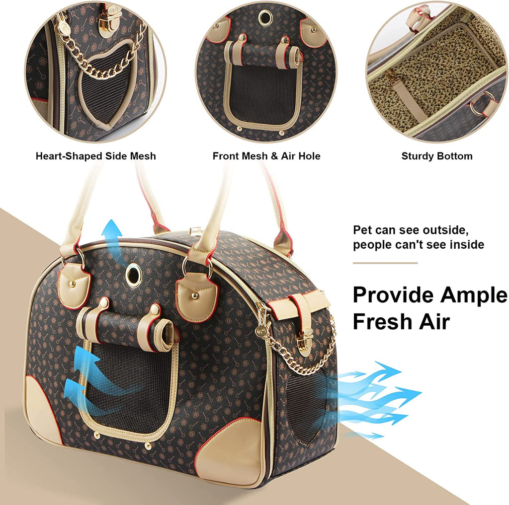 Fashion Dog Carrier PU Leather Dog Handbag Dog Purse Cat Tote Bag Pet Cat Dog Hiking Bag, Brown, Large