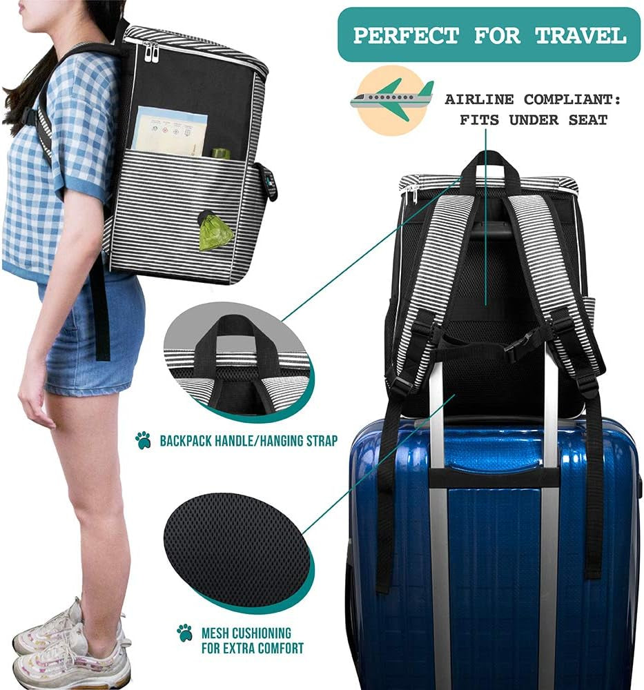 Travel Bag Backpack for Dogs, Airline Approved, Puppy Diaper Supplies, Pet Camping Essentials, Hiking Accessories, Food Container, Collapsible Bowls, Stripe Black