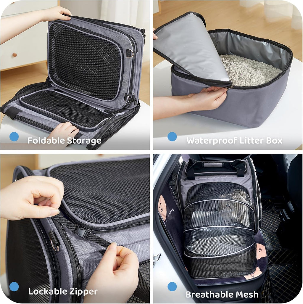 Cat Travel Carrier with Litter Box, Expandable Cat Carrier for Car Travel, Soft Sided Pet Carrier for Cats/Puppies up to 20Lbs, Grey