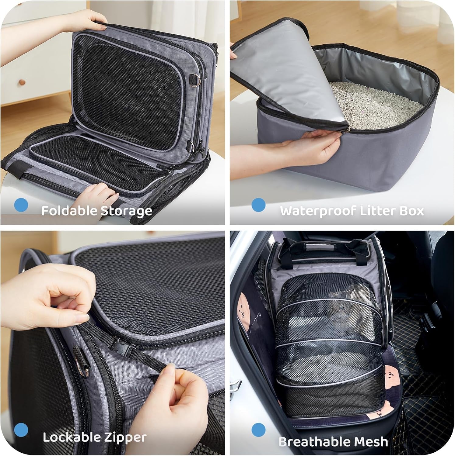 Cat Travel Carrier with Litter Box, Expandable Cat Carrier for Car Travel, Soft Sided Pet Carrier for Cats/Puppies up to 20Lbs, Grey